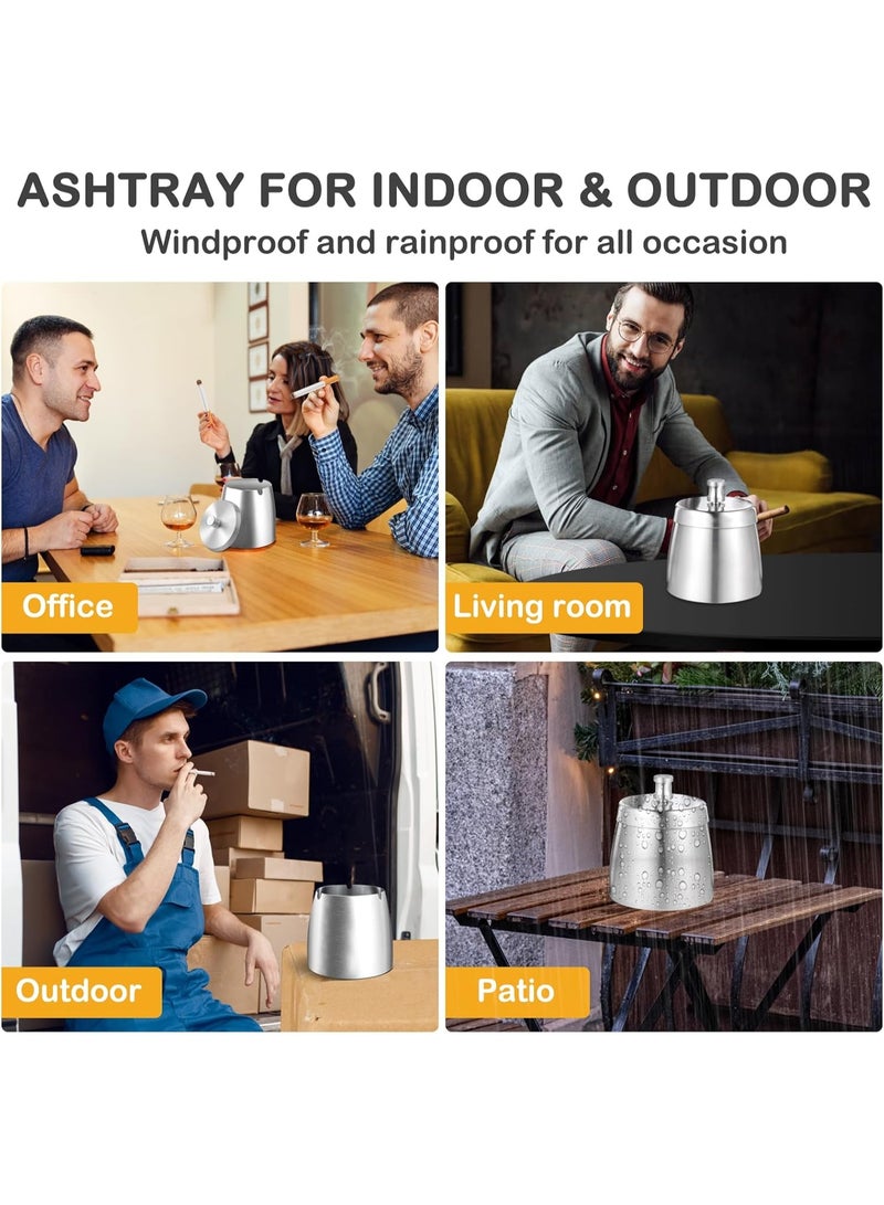 Ashtray with Lid - Ash Tray for Cigarettes Smokers, Large Home Ashtray with Cover for Indoor Outdoor, Windproof Outside Metal Ashtrays with Cover Smell Proof for Patio (Silver,L) - Image 3