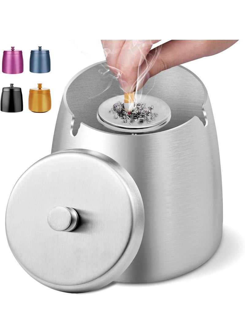 Ashtray with Lid - Ash Tray for Cigarettes Smokers, Large Home Ashtray with Cover for Indoor Outdoor, Windproof Outside Metal Ashtrays with Cover Smell Proof for Patio (Silver,L) - Image 1
