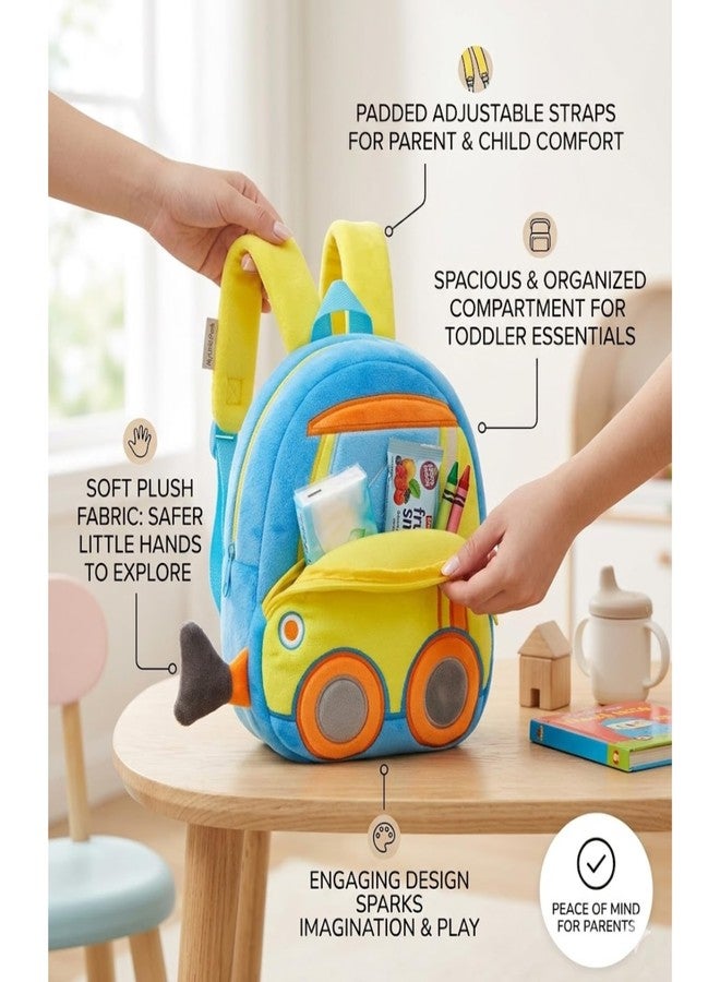 Btc Plush Kids Backpack for Boys & Girls - Cute Bulldozer Truck Design | Soft Mini Travel School Bag for Toddlers (2-5 Years) - Image 3