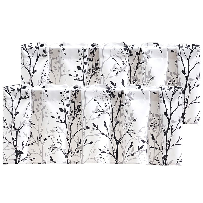 Luvyohmee Tree Branch Printed Valance Curtain  18 inches long Kitchen Valance  Black and Grey Window Valances for Kitchen  Bathroom  Dining Room  Living Room  Bedroom and Kids room 2 Panels - Image 1