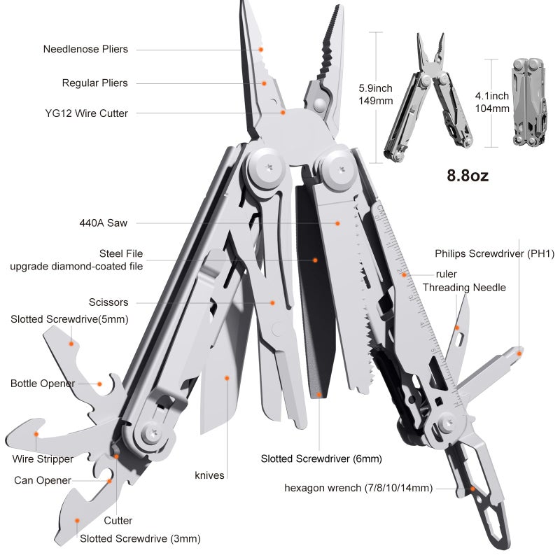 PERWIN Multitool Stainless Steel Multi-Tool Pliers 22-in-1 with Safety Locking, Pocket Knife, Bottle Opener, EDC Equipment With Pocket Clip for Survival, Camping, Hunting and Hiking. - Image 2