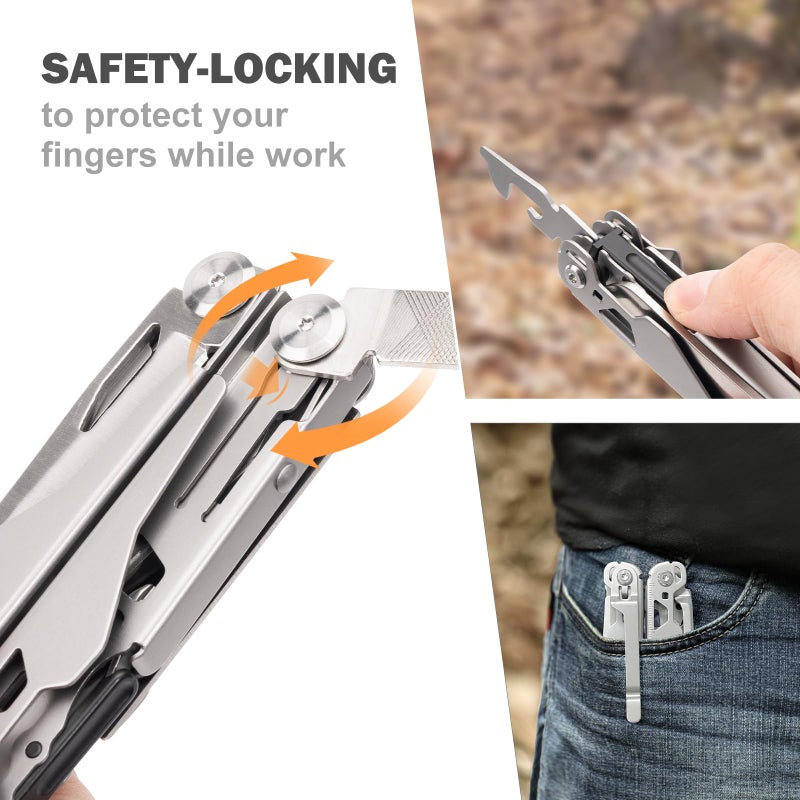PERWIN Multitool Stainless Steel Multi-Tool Pliers 22-in-1 with Safety Locking, Pocket Knife, Bottle Opener, EDC Equipment With Pocket Clip for Survival, Camping, Hunting and Hiking. - Image 4