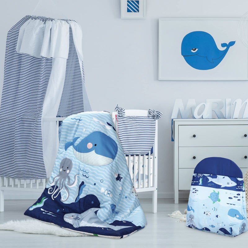 Rtteri 4 Pieces Baby Crib Bedding Set, Nursery Bedding Standard Size Soft Baby Bedding Set Including Crib Skirt, Blanket, Sheet and Diaper Stacker for Girls and Boys(Whale) - Image 2