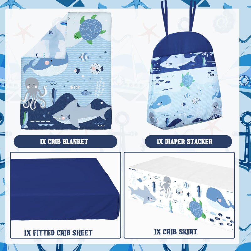 Rtteri 4 Pieces Baby Crib Bedding Set, Nursery Bedding Standard Size Soft Baby Bedding Set Including Crib Skirt, Blanket, Sheet and Diaper Stacker for Girls and Boys(Whale) - Image 3