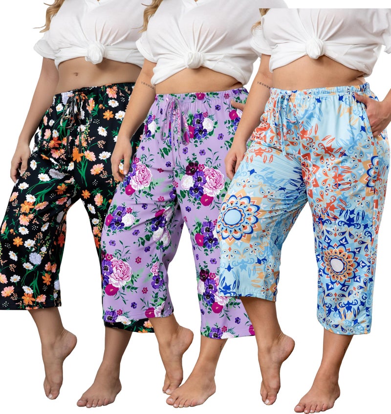 Vozanet 3 Pack Women Plus Size Capri Pajama Pants Sets Drawstring Pj Bottoms Casual Lounge with Pockets XL to 5XL, Blue/Black/Purple, X-Large - Image 1
