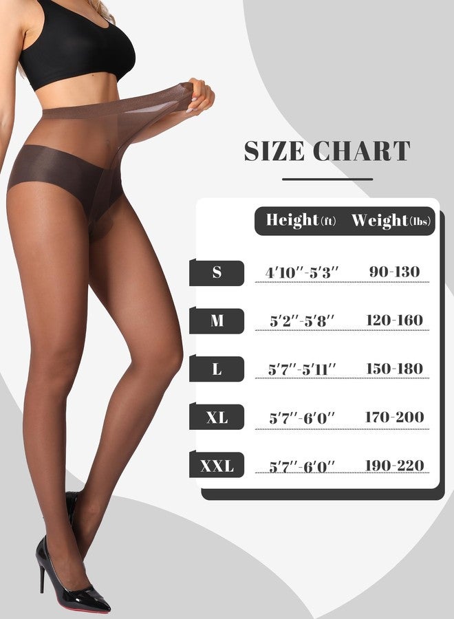 HONENNA 2 Pairs Sheer Tights for Women Ultra Thin Reinforced T Crotch Control Top Pantyhose Stockings, Black+coffee, XL - Image 5