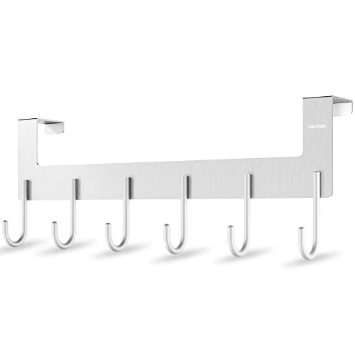 UDENIS Over The Door Hanger, Metal Over The Door Hook Rack with 6 Hook for Hanging Towel Robe Coat Bathroom Bedroom Drying Racks for Laundry Silver - Image 1