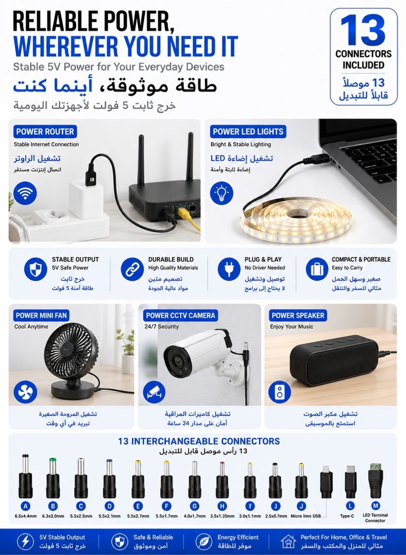 اوليو كابل طاقة USB إلى DC5521 بجهد 5 فولت مع موصل 5.5×2.1 مم و13 رأساً قابلاً للتبديل كابل شحن عالمي مزود طاقة متوافق مع الراوتر وإضاءة LED والمراوح والكاميرات والأجهزة الإلكترونية - Image 5