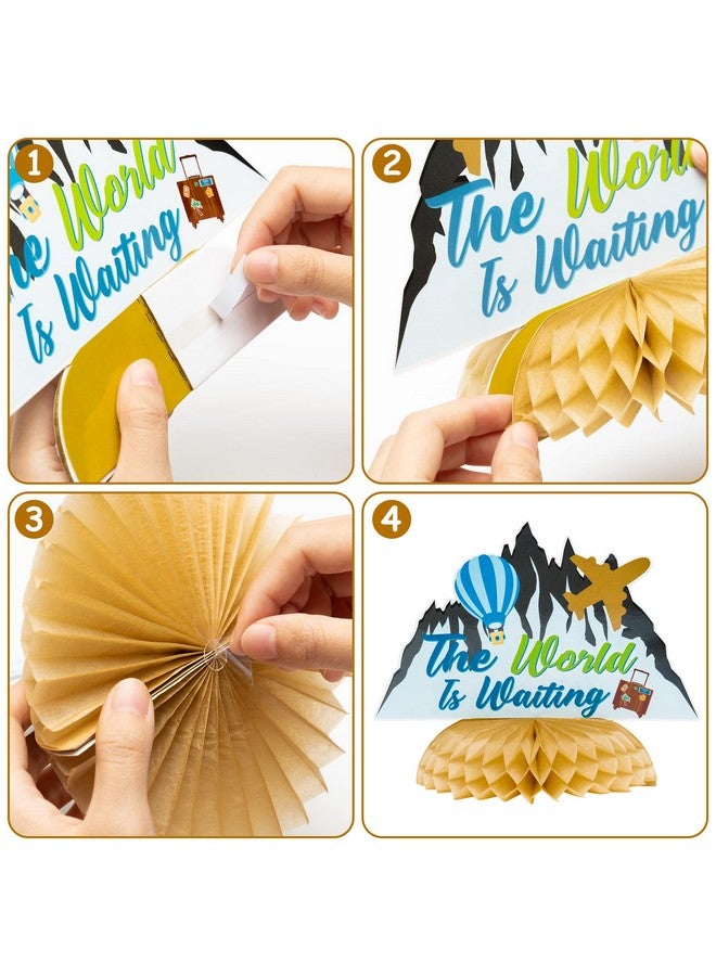 OSNIE 12Pcs Travel Themed Honeycomb Centerpieces Table Toppers Adventure Awaits Party Decor Travel Around The World Bon Voyage Table Decor Photo Props For Let The Adventure Begin Going Away Party - Image 4