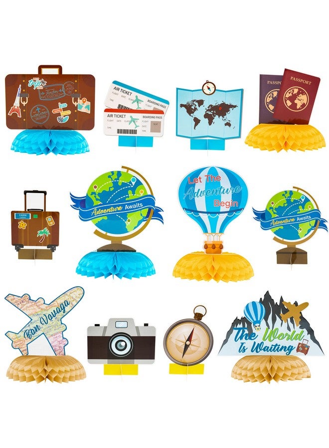 OSNIE 12Pcs Travel Themed Honeycomb Centerpieces Table Toppers Adventure Awaits Party Decor Travel Around The World Bon Voyage Table Decor Photo Props For Let The Adventure Begin Going Away Party - Image 1
