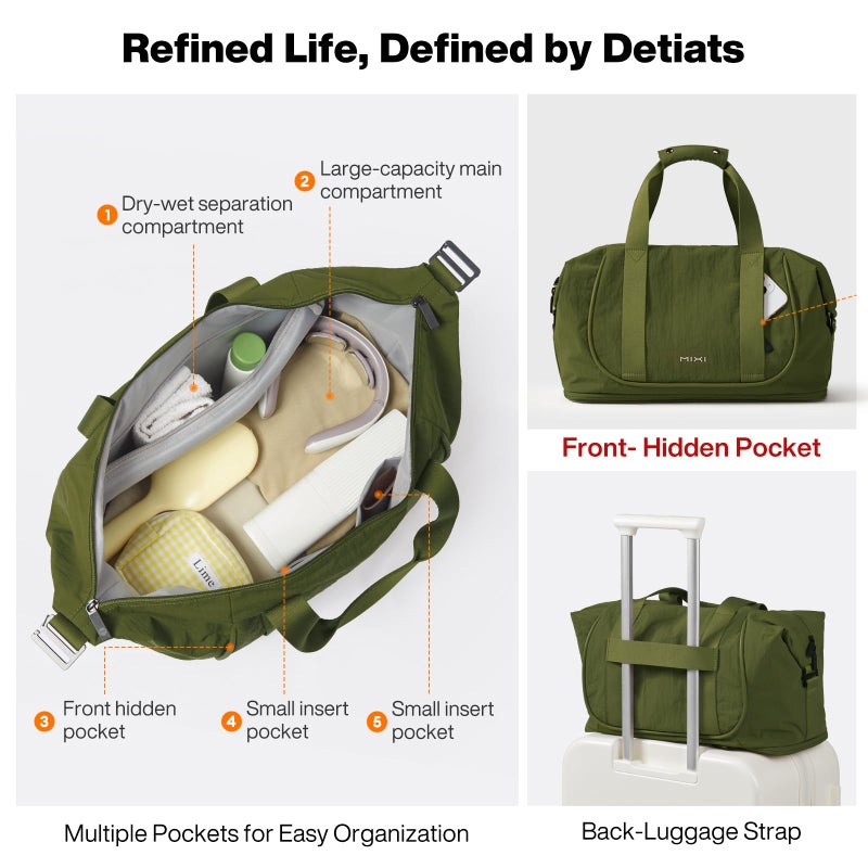mixi Travel Tote Bag for Women Large Expandable Travel Bag Waterproof Lightweight Carry On Personal Item Weekender Shoulder Handbag, Jungle Green - Image 3