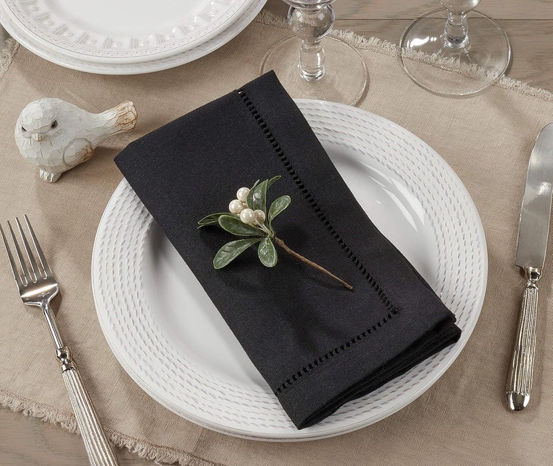 SARO LIFESTYLE Hemstitched Border Dinner Napkin Set of 4 Black 20x20 - Image 2