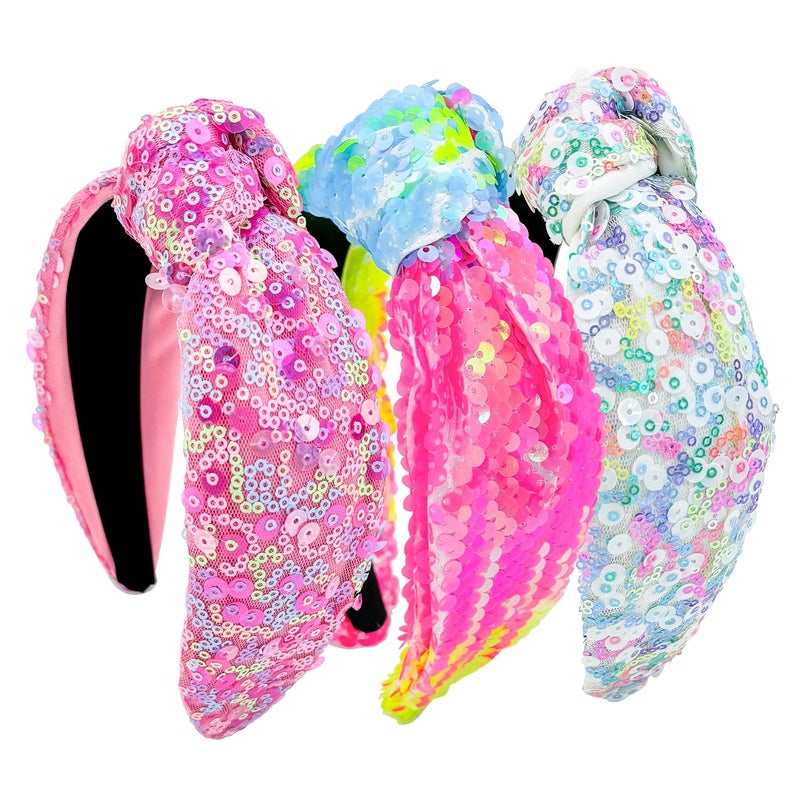 XIMA 3 PCS Sequin Headbands for Women and Girls Neon Rainbow Sparkle Statement Top Knot Holiday Hairbands Hair Accessories for Kids Girls Women
