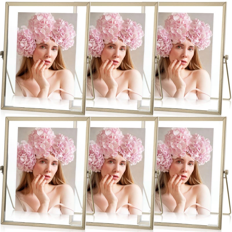 Hoteam 6 Pieces 5x7 Inch Gold Floating Frame Glass Picture Photo Frame Bulk Metal Vintage Geometric Vertical Tabletop Display or Wall Mounting DecorGold