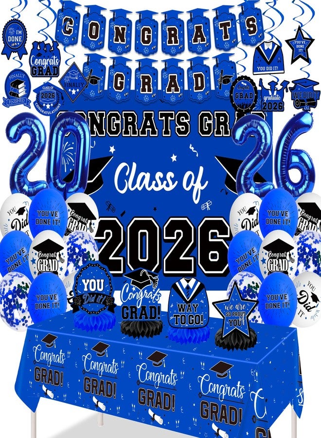 DMIGHT 2025 Graduation Decorations Set, Class of 2025 Backdrop, Foil Balloons, Tablecloth, Hanging Swirls & Honeycomb Centerpieces Graduation Party Supplies for High School & College (BLUE) - Image 1