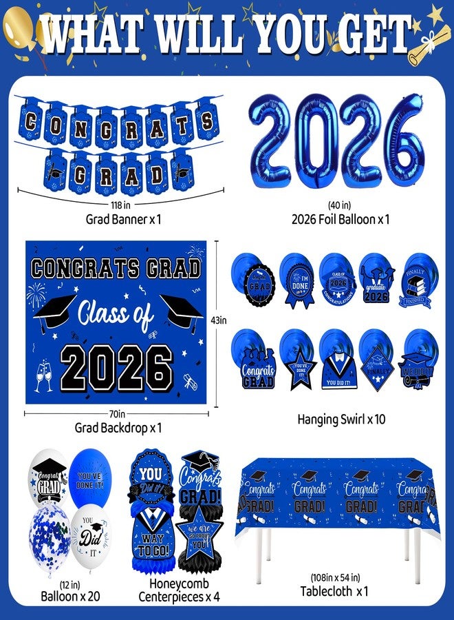 DMIGHT 2025 Graduation Decorations Set, Class of 2025 Backdrop, Foil Balloons, Tablecloth, Hanging Swirls & Honeycomb Centerpieces Graduation Party Supplies for High School & College (BLUE) - Image 2
