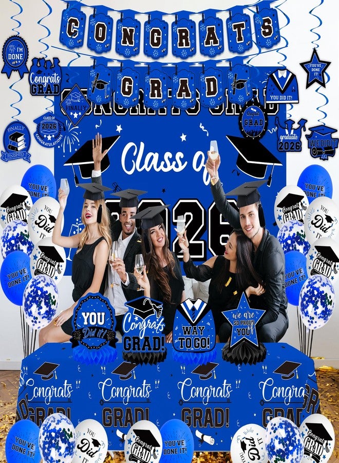 DMIGHT 2025 Graduation Decorations Set, Class of 2025 Backdrop, Foil Balloons, Tablecloth, Hanging Swirls & Honeycomb Centerpieces Graduation Party Supplies for High School & College (BLUE) - Image 3