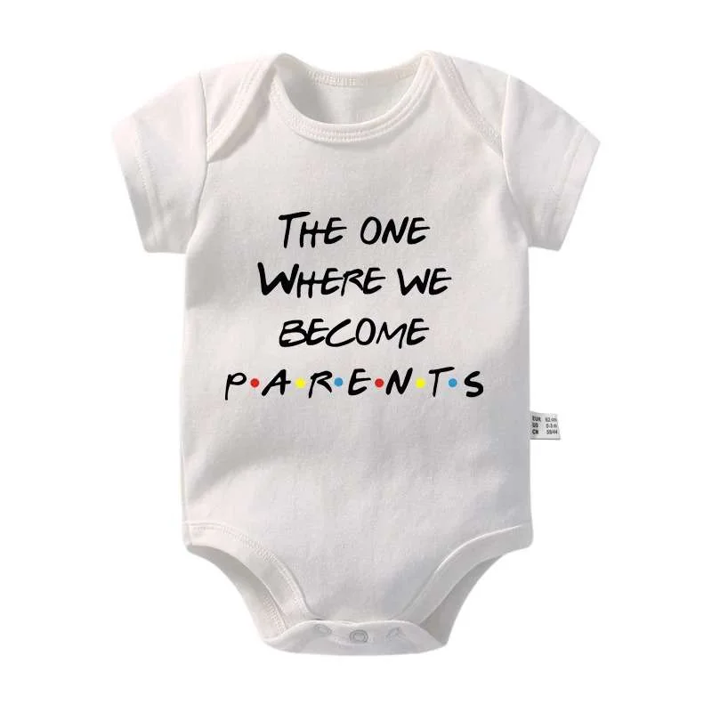Matching Family Outfits “The One Where We Become Parents Baby Bodysuit – Friends Theme Printed Infant Romper, Soft Cotton Short Sleeve Newborn Jumpsuit, Cute Funny Baby Outfit for Boys & Girls (WHITE)”