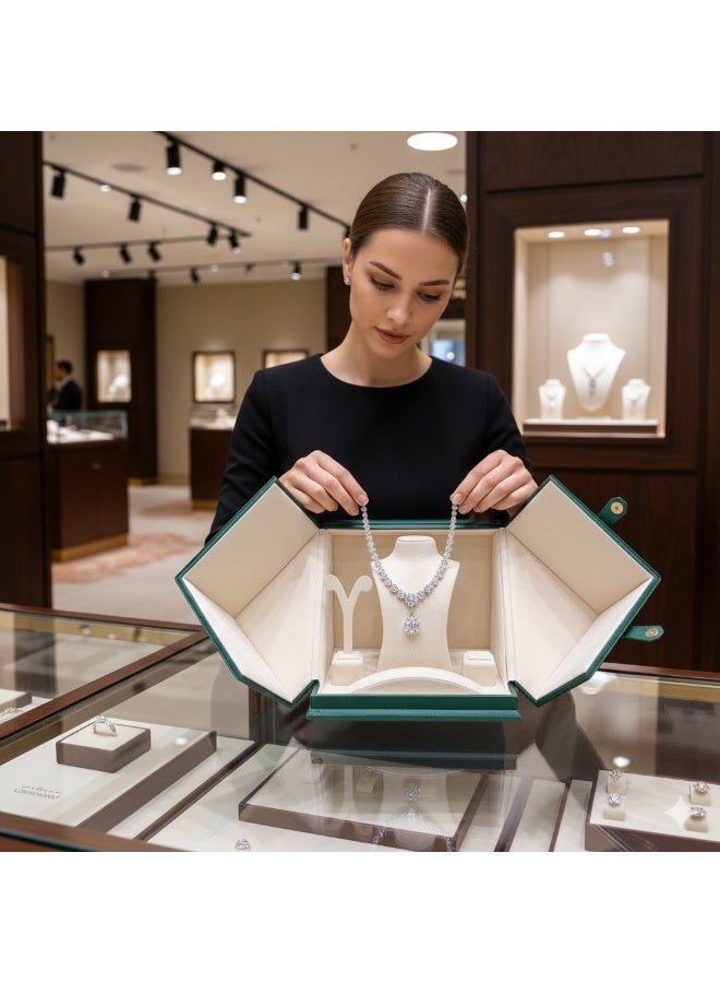 Al Seraj Luxury 4-in-1 Jewellery Organizer Box Set | Premium Green Rexine Exterior with Beige Suede Interior | Necklace, Ring, Earring & Bracelet Display Case | Made in Dubai | Gift & Showroom Storage - Image 3