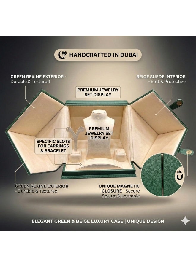 Al Seraj Luxury 4-in-1 Jewellery Organizer Box Set | Premium Green Rexine Exterior with Beige Suede Interior | Necklace, Ring, Earring & Bracelet Display Case | Made in Dubai | Gift & Showroom Storage - Image 4