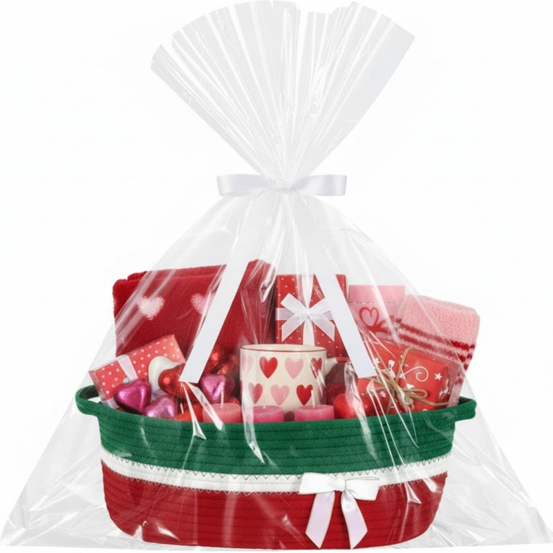Colingmill Woven Gift Basket Empty with Handles Ribbons Bow Tie Bag 14 x 10 x 55 Inch Medium Decorative Woven Gift Basket Rope Storage Box Home Decor14 x 10 x 55 InchRed Green - Image 2