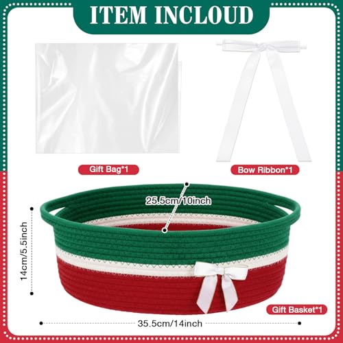 Colingmill Woven Gift Basket Empty with Handles Ribbons Bow Tie Bag 14 x 10 x 55 Inch Medium Decorative Woven Gift Basket Rope Storage Box Home Decor14 x 10 x 55 InchRed Green - Image 3