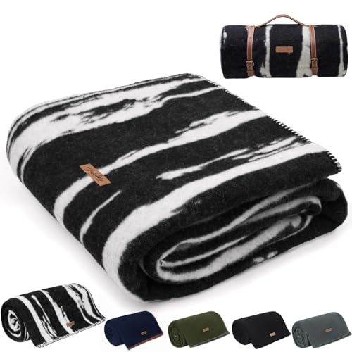 Molithe 100% Wool Blanket, 62" x 86", Warm, Thick, Washable, Military Wool Blanket, Great for Camping, Outdoors, Sporting Events, Survival Kits,Black White Striped - Image 1