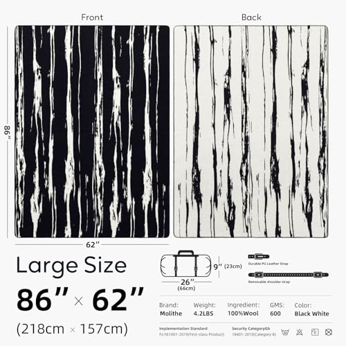 Molithe 100% Wool Blanket, 62" x 86", Warm, Thick, Washable, Military Wool Blanket, Great for Camping, Outdoors, Sporting Events, Survival Kits,Black White Striped - Image 3