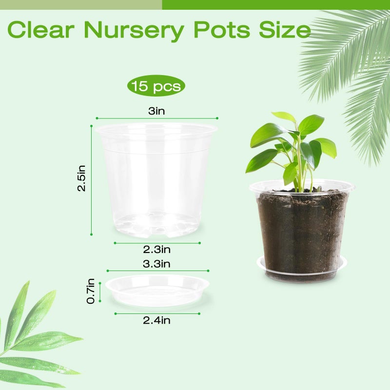 FUOAUYK 3 Inch Clear Nursery Pots with Drainage Trays, 15 Pack Plastic Pots for Plants, Clear Pot for Seed Starting, Transplanting, Succulents, and Indoor Gardening (3 inch) - Image 3