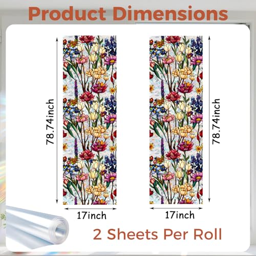 Aomkmi Stained Glass Privacy Window Film, 2PCS UV Resistant Heat Control Static Cling Decal, Vintage Flower Sun Blocking Film Bathroom Bedroom Sunroof Decor, 17 x 78.74 Inch - Image 2