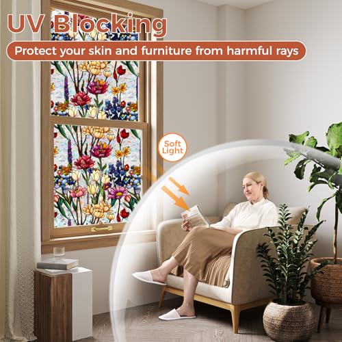 Aomkmi Stained Glass Privacy Window Film, 2PCS UV Resistant Heat Control Static Cling Decal, Vintage Flower Sun Blocking Film Bathroom Bedroom Sunroof Decor, 17 x 78.74 Inch - Image 3