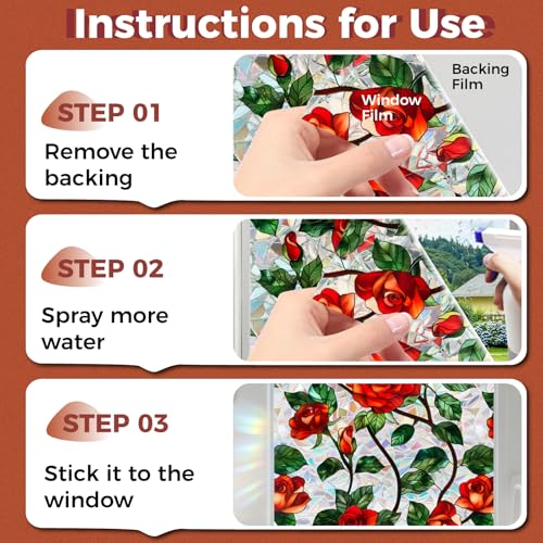 Aomkmi Stained Glass Privacy Window Film, 2PCS UV Resistant Heat Control Static Cling Decal, Vintage Flower Sun Blocking Film Bathroom Bedroom Sunroof Decor, 17 x 78.74 Inch - Image 5