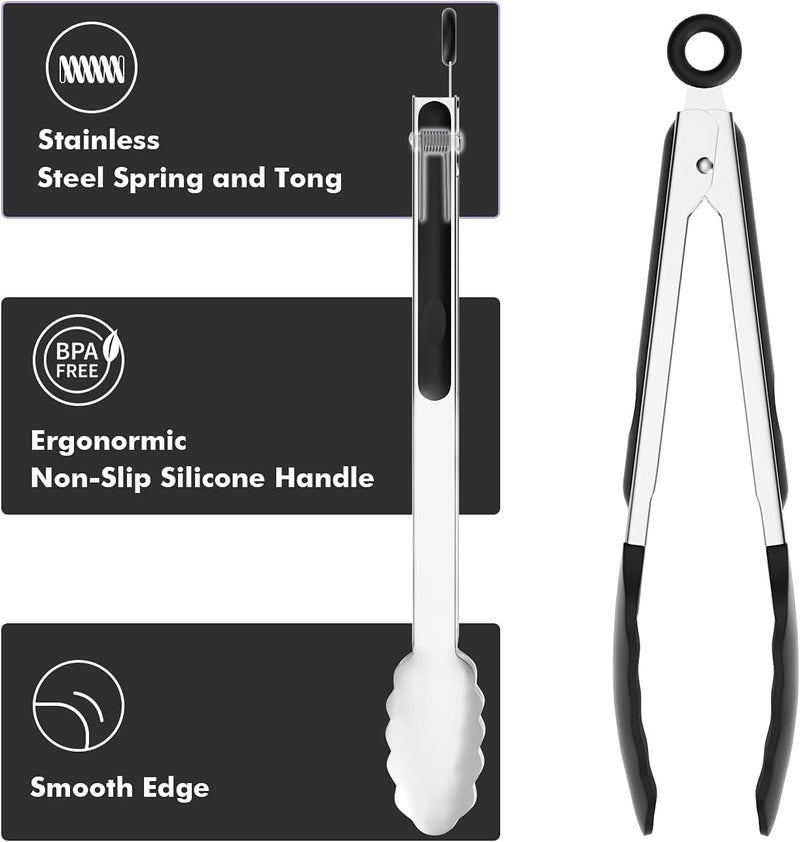 ChefAide Set of 2 Cooking Tongs,600ºF High Heat-Resistant,Kitchen Utensils,Cooking Utensils for Grill,Salad,BBQ,Frying,Baking,Serving 9/12 inches - Image 4