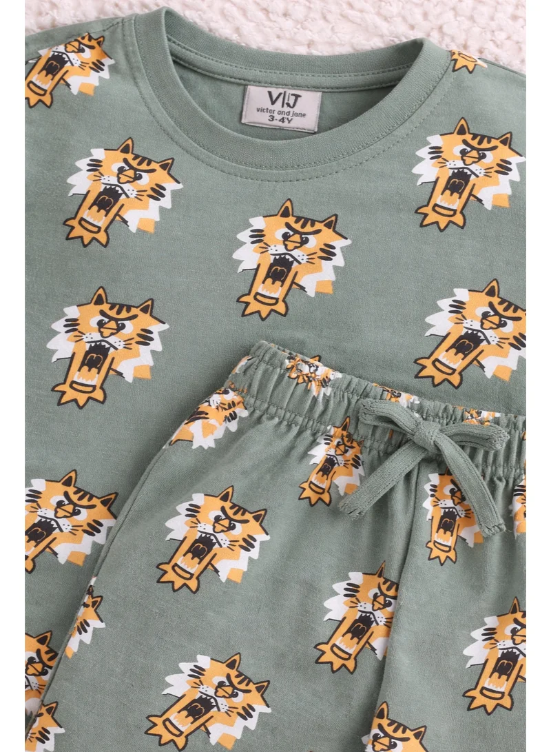 فكتور اند جين Boys’ Pajama Set – All-Over Tiger Print Cotton Nightwear (2-Piece Set)