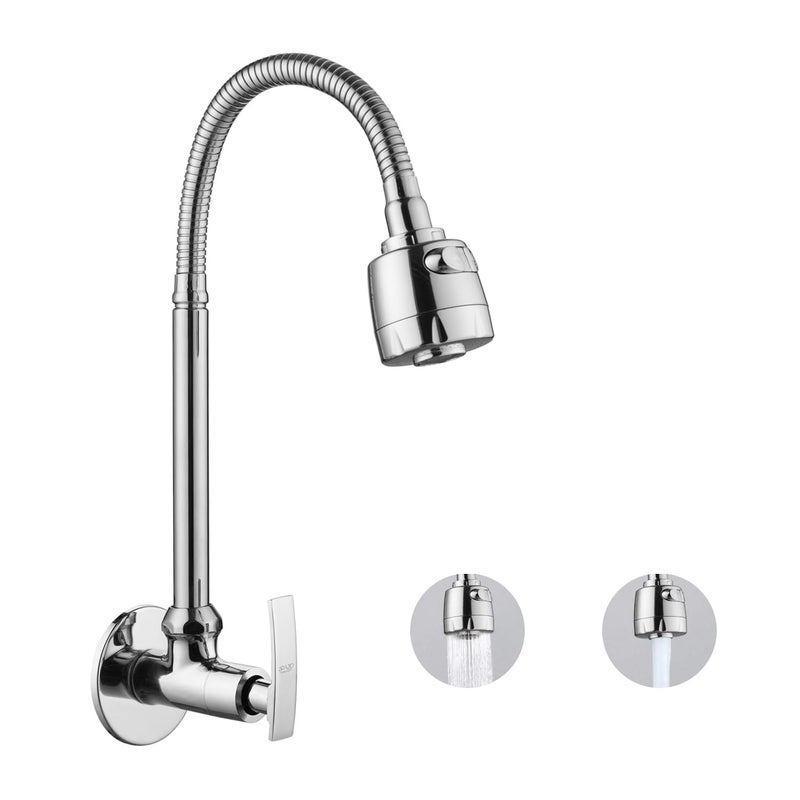 SPAZIO صنبور حوض سبازيو بلس نحاسي مع فوهة دوارة مرنة من الفولاذ المقاوم للصدأ بزاوية 360 درجة نمط تدفق مزدوج ماء ساخن أو بارد لحوض المطبخ أو حوض الغسيل بتشطيب كروم مع فلانج حائطي - Image 1