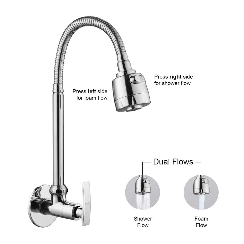 SPAZIO صنبور حوض سبازيو بلس نحاسي مع فوهة دوارة مرنة من الفولاذ المقاوم للصدأ بزاوية 360 درجة نمط تدفق مزدوج ماء ساخن أو بارد لحوض المطبخ أو حوض الغسيل بتشطيب كروم مع فلانج حائطي - Image 4