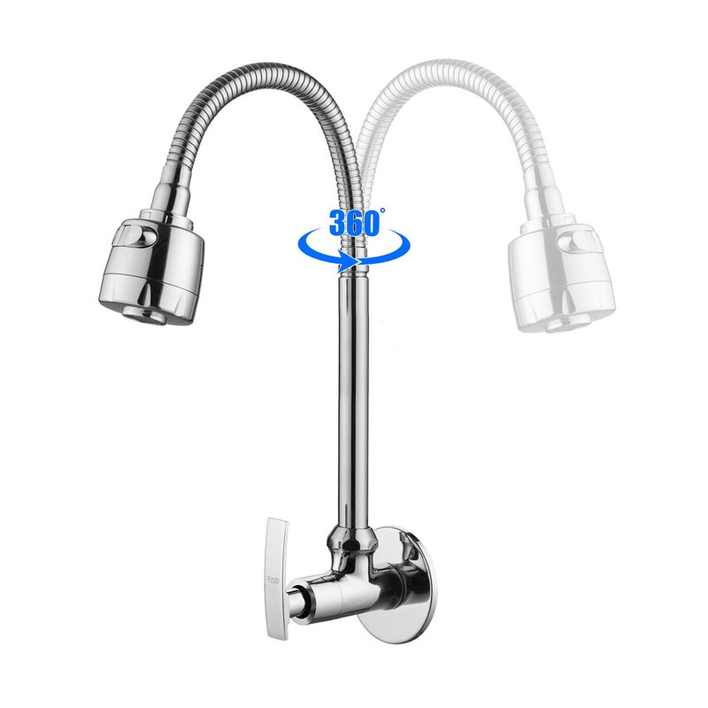 SPAZIO صنبور حوض سبازيو بلس نحاسي مع فوهة دوارة مرنة من الفولاذ المقاوم للصدأ بزاوية 360 درجة نمط تدفق مزدوج ماء ساخن أو بارد لحوض المطبخ أو حوض الغسيل بتشطيب كروم مع فلانج حائطي - Image 2