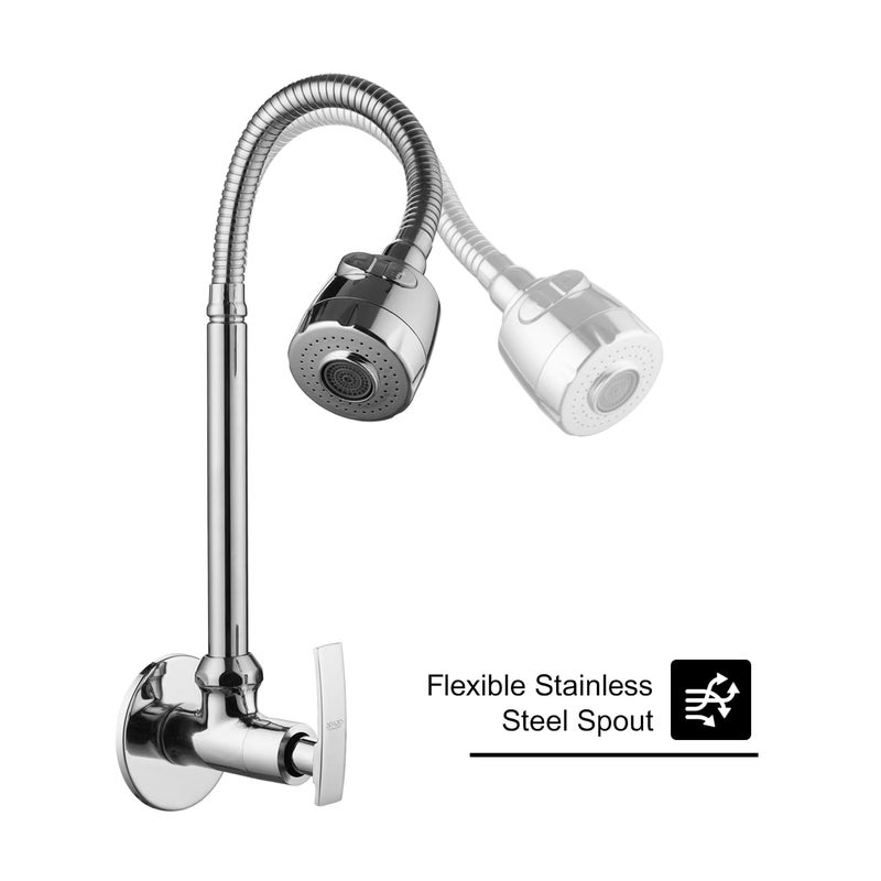 SPAZIO صنبور حوض سبازيو بلس نحاسي مع فوهة دوارة مرنة من الفولاذ المقاوم للصدأ بزاوية 360 درجة نمط تدفق مزدوج ماء ساخن أو بارد لحوض المطبخ أو حوض الغسيل بتشطيب كروم مع فلانج حائطي - Image 3