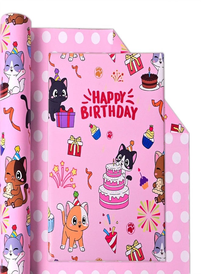 Vnaaem Reversible Cat Birthday Wrapping Paper Roll for Kid's Girl's - Cute Cat, Paw print & Dot on Pink Design Gift Wrap for Birthday, Holiday, Baby Shower - 17 in x 20 ft(Total 28.5sq.ft) - Image 2
