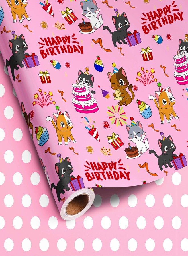 Vnaaem Reversible Cat Birthday Wrapping Paper Roll for Kid's Girl's - Cute Cat, Paw print & Dot on Pink Design Gift Wrap for Birthday, Holiday, Baby Shower - 17 in x 20 ft(Total 28.5sq.ft) - Image 1