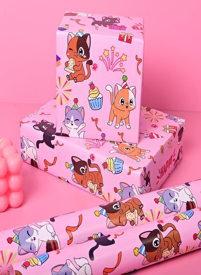 Vnaaem Reversible Cat Birthday Wrapping Paper Roll for Kid's Girl's - Cute Cat, Paw print & Dot on Pink Design Gift Wrap for Birthday, Holiday, Baby Shower - 17 in x 20 ft(Total 28.5sq.ft) - Image 3