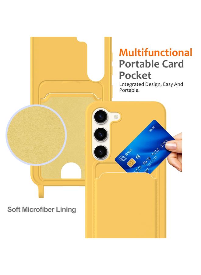 اس-توب جراب لهاتف Samsung Galaxy S23 5G مزود بحقيبة بطاقات مدمجة بلون سادة من السيليكون السائل مع حبل قصير - Image 4