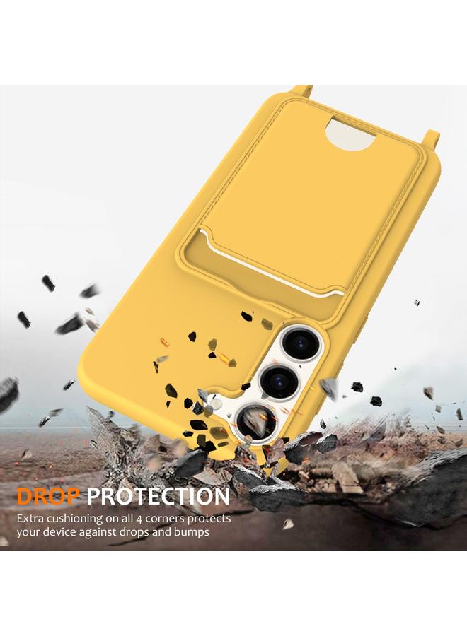 اس-توب جراب لهاتف Samsung Galaxy S23 5G مزود بحقيبة بطاقات مدمجة بلون سادة من السيليكون السائل مع حبل قصير - Image 2