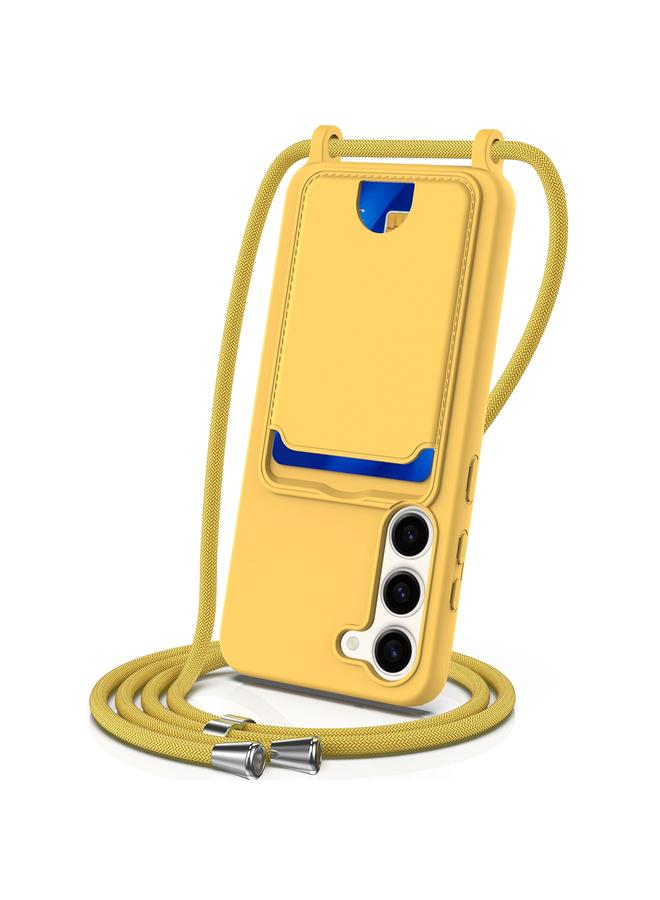 اس-توب جراب لهاتف Samsung Galaxy S23 5G مزود بحقيبة بطاقات مدمجة بلون سادة من السيليكون السائل مع حبل قصير - Image 1