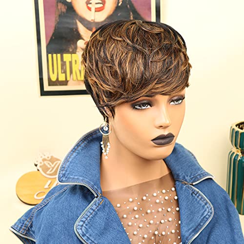 Yviann Short Human Hair Wig for Women Pixie Cut with Auburn Brown Ombre Top Similar to #30 Short Layered Wavy Curly Wig with Bangs F1B/30 - Image 2