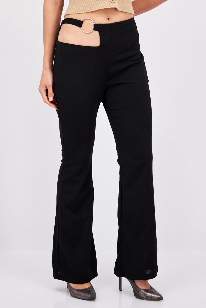 MISSY EMPIRE Women Regular Fit Plain Cut-Out Detail Flare Leg Pants, Black - Image 1
