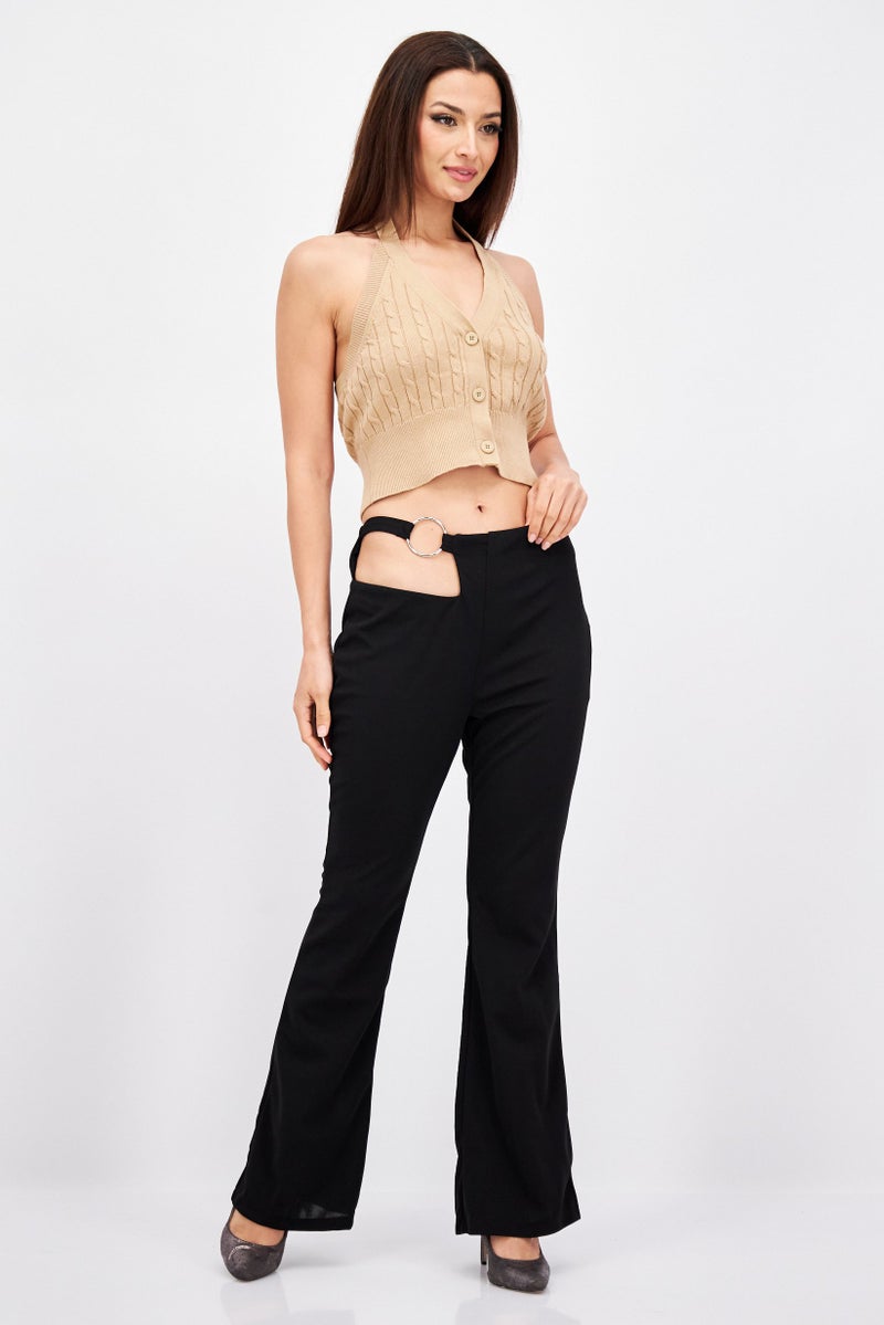 MISSY EMPIRE Women Regular Fit Plain Cut-Out Detail Flare Leg Pants, Black - Image 2