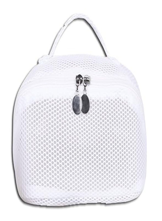 JRM Women’s Large Capacity Cosmetic Travel Mesh Bag - Makeup Organizer with Wide Opening, Dividers with Handle (See Through Cross Open, White) - Image 1