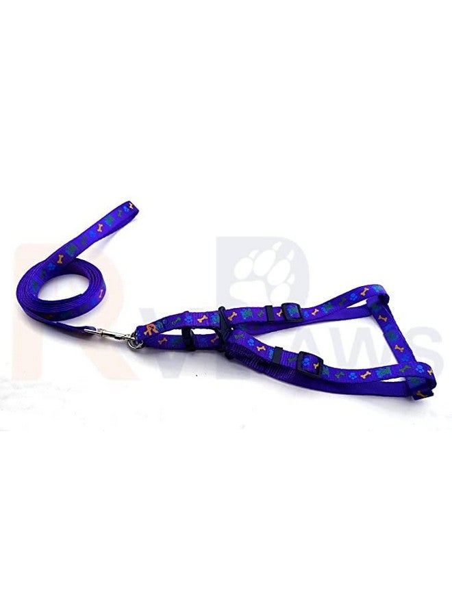 Dog Body Nylon Harness And Leash Set, 15 Mm Soft Adjustable Bone Paw Printed Harness Set With Metal Hook Leash (Purple) - Image 1