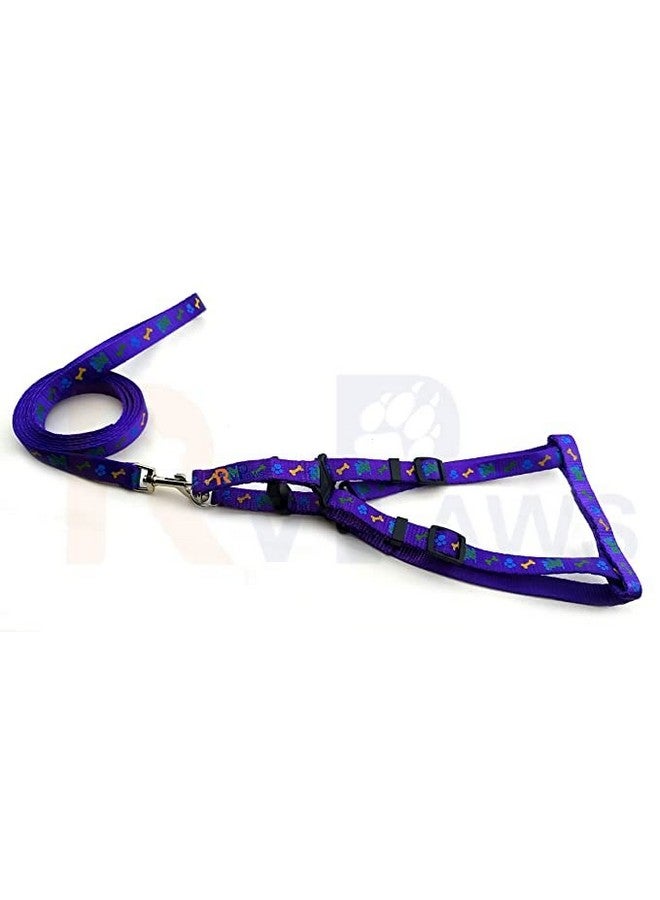 Dog Body Nylon Harness And Leash Set, 15 Mm Soft Adjustable Bone Paw Printed Harness Set With Metal Hook Leash (Purple) - Image 4